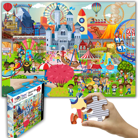 Think2Master Amusement Park 100 Pieces Jigsaw Puzzle Fun Educational Toy for Kids, School & Families. Great Gift for Boys & Girls Ages 4-8 to Stimulate Learning. Size:23.4” X 16.5” THINK2MASTER