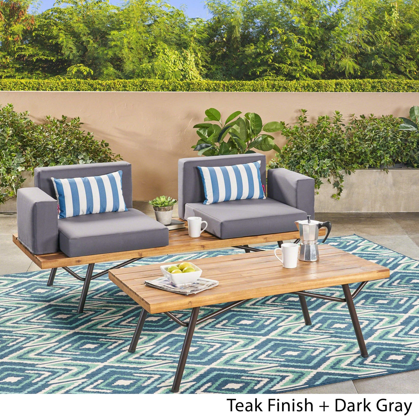 Christopher Knight Home Nora Outdoor Acacia Wood Chat Set, Teak Finish and Dark Gray - WoodArtSupply