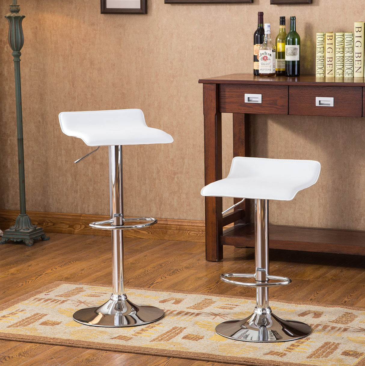 Roundhill Furniture Baxton White Adjustable Height Wood & Chrome Metal bar Table & 2 Chrome Air Lift Adjustable Swivel Stools Set Roundhill Furniture