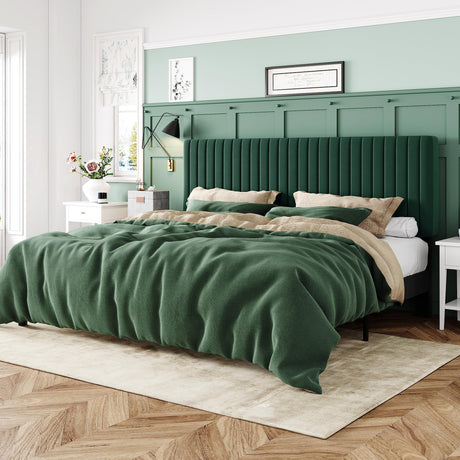 Allewie King Bed Frame, Velvet Upholstered Platform Bed with Adjustable Vertical Channel Tufted Headboard, Mattress Foundation with Strong Wooden Slats, Box Spring Optional, Easy Assembly, Green Allewie