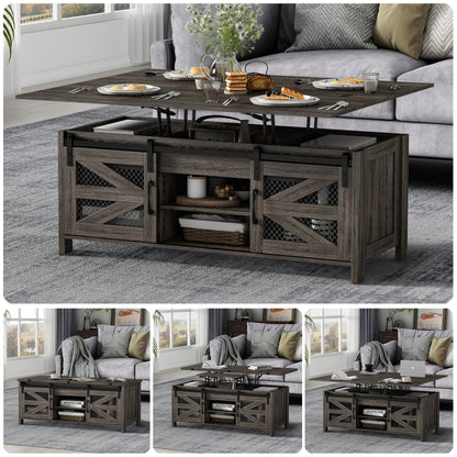 wanan 47.2" Lift Top Coffee Table, 4 in 1 Farmhouse Coffee Table with Sliding Barn Doors, Coffee Tables for Living Room, Dining Room (Grey)