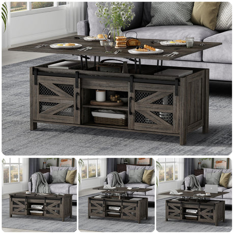 wanan 47.2" Lift Top Coffee Table, 4 in 1 Farmhouse Coffee Table with Sliding Barn Doors, Coffee Tables for Living Room, Dining Room (Grey) wanan