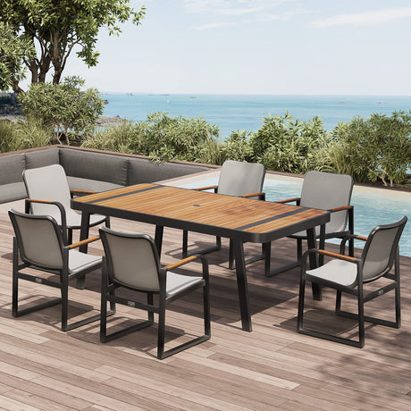 EAST OAK Signature 7 Pieces Outdoor Dining Set, Patio Furniture Set with Finest Teak Wood, Powder-Coated Aluminum Frame Table and Teslin Fabric Chairs, Patio Dining Set for Garden and Yard, Dark Grey EAST OAK