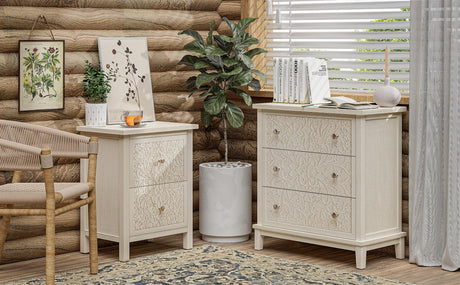 COZAYH 3-Drawer Fully-Assembled Flower Motif Dresser for French Country, Farmhouse, Modern, Rustic Style, Distressed Finish, White-Washed COZAYH