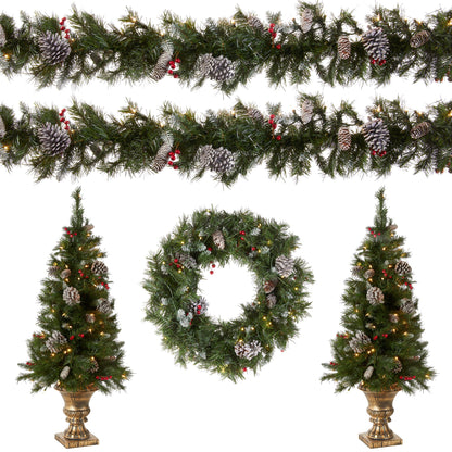 National Tree Company Pre-lit Holiday Christmas 5-Piece Set | Wreath, Set of 2 Entrance Trees and Garlands with White Lights