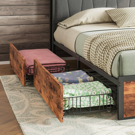 LIKIMIO Vintage Brown King Bed Frame with 4 Storage Drawers and Charging Headboard LIKIMIO