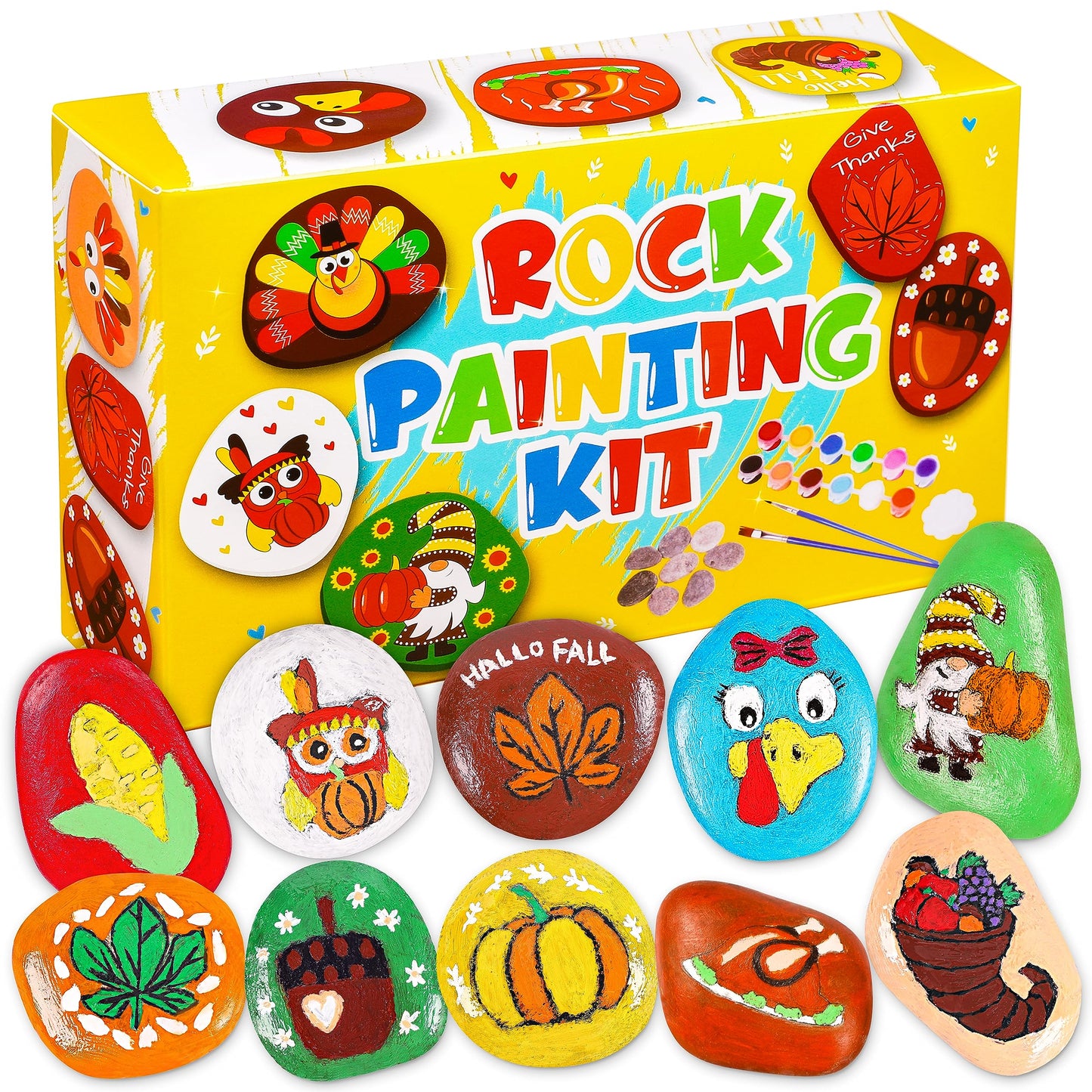 80UncleKimby Fall Thanksgiving Rock Painting Kit: Arts and Crafts for Kids - Include DIY Stones, Water Paint, Tattoos, Gifts Toys Party Favors Classroom Activities for Girls Boys Ages 8-12 - WoodArtSupply