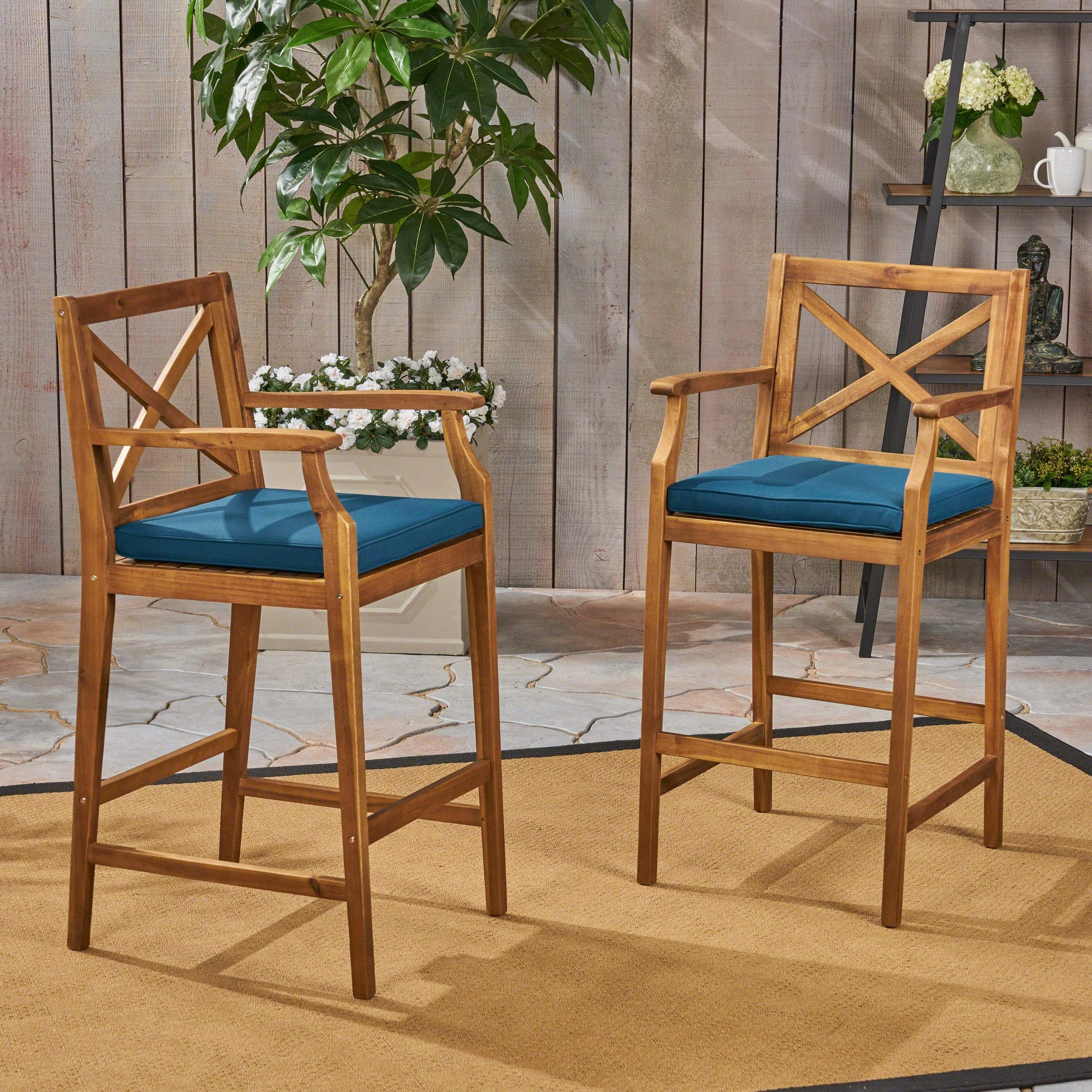 Christopher Knight Home Logan Outdoor Acacia Wood Barstool, Teak Finish/Blue - WoodArtSupply