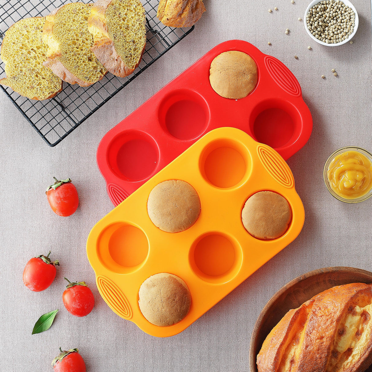 MONGSEW 2PCS Silicone Muffin Cupcake Pan Molds, 6-Cavity Non Stick Silicone Muffin Pans for Baking Muffin, Cupcakes, Brownies and More, Food Grade and BPA Free (Orange and Red) MONGSEW