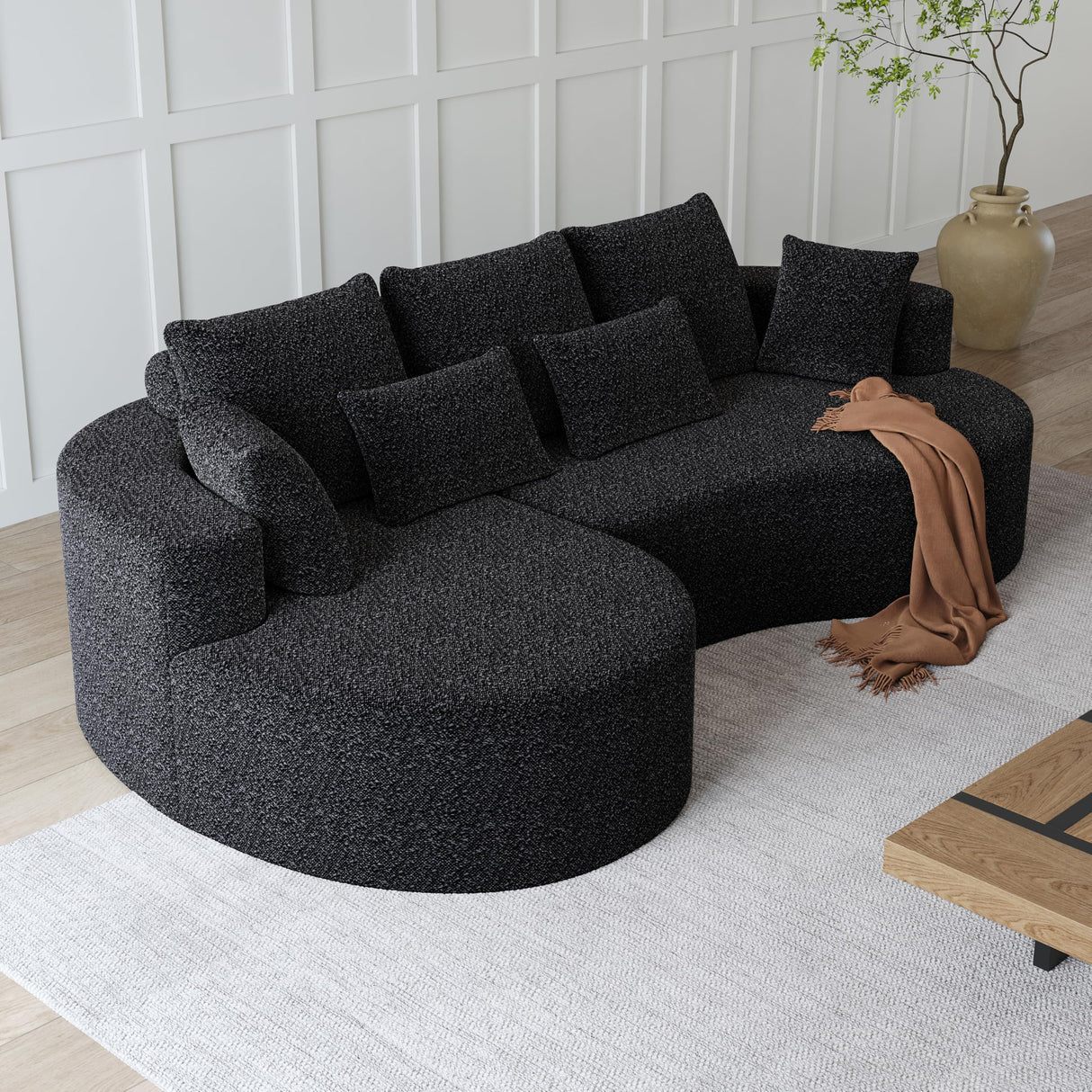 KEIKI 105" L Shaped Corner Couch with Chaise, Upholstered Curved Sectional Sofa, Chenille Sectional Couch for Living Room, Bedroom, Black KEIKI
