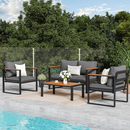 Amopatio 4 Pieces Patio Furniture Set, Metal Patio Conversation Set, Outdoor Furniture Set with Thicken Cushion and Plastic-Wood Coffee Table (Dark Grey) - WoodArtSupply