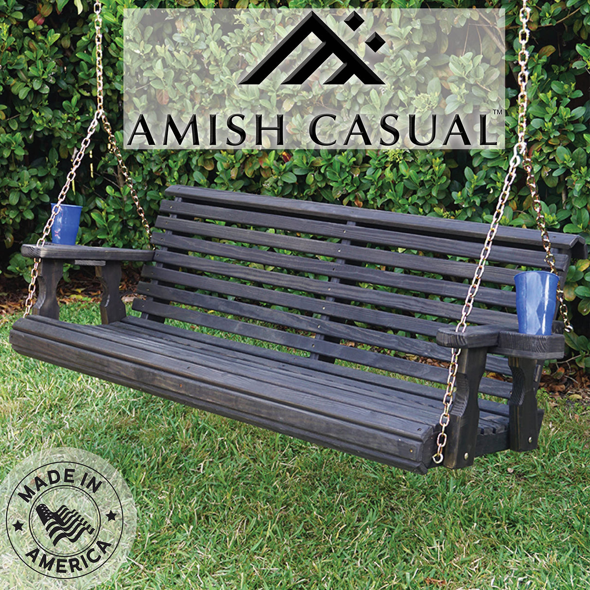 Amish Casual Heavy Duty 700 Lb Roll Back Treated Porch Swing with Hanging Chains and Cupholders (5 Foot, Semi-Solid Black Stain) Amish Casual