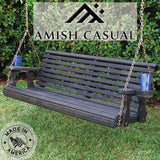 Amish Casual Heavy Duty 700 Lb Roll Back Treated Porch Swing with Hanging Chains and Cupholders (5 Foot, Semi-Solid Black Stain) Amish Casual
