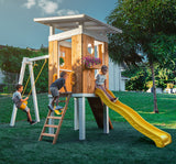 Avenlur Modern Outdoor Backyard Swing Set Children's Rock Climbing Wood Playground Playset 2 Belt Swings, Clubhouse Fort, Windows, Ladder, Wavy Slide Toddlers, Kids Climbers Play Adventure Rock 3-11yr Avenlur