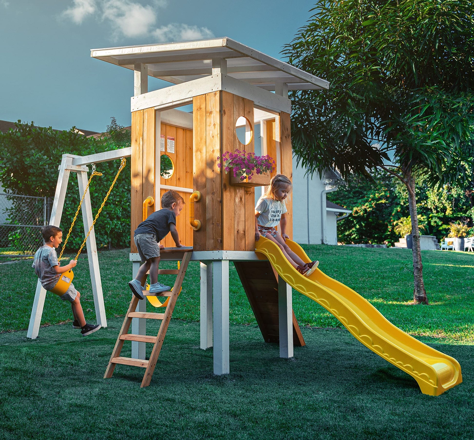 Avenlur Modern Outdoor Backyard Swing Set Children's Rock Climbing Wood Playground Playset 2 Belt Swings, Clubhouse Fort, Windows, Ladder, Wavy Slide Toddlers, Kids Climbers Play Adventure Ro - WoodArtSupply