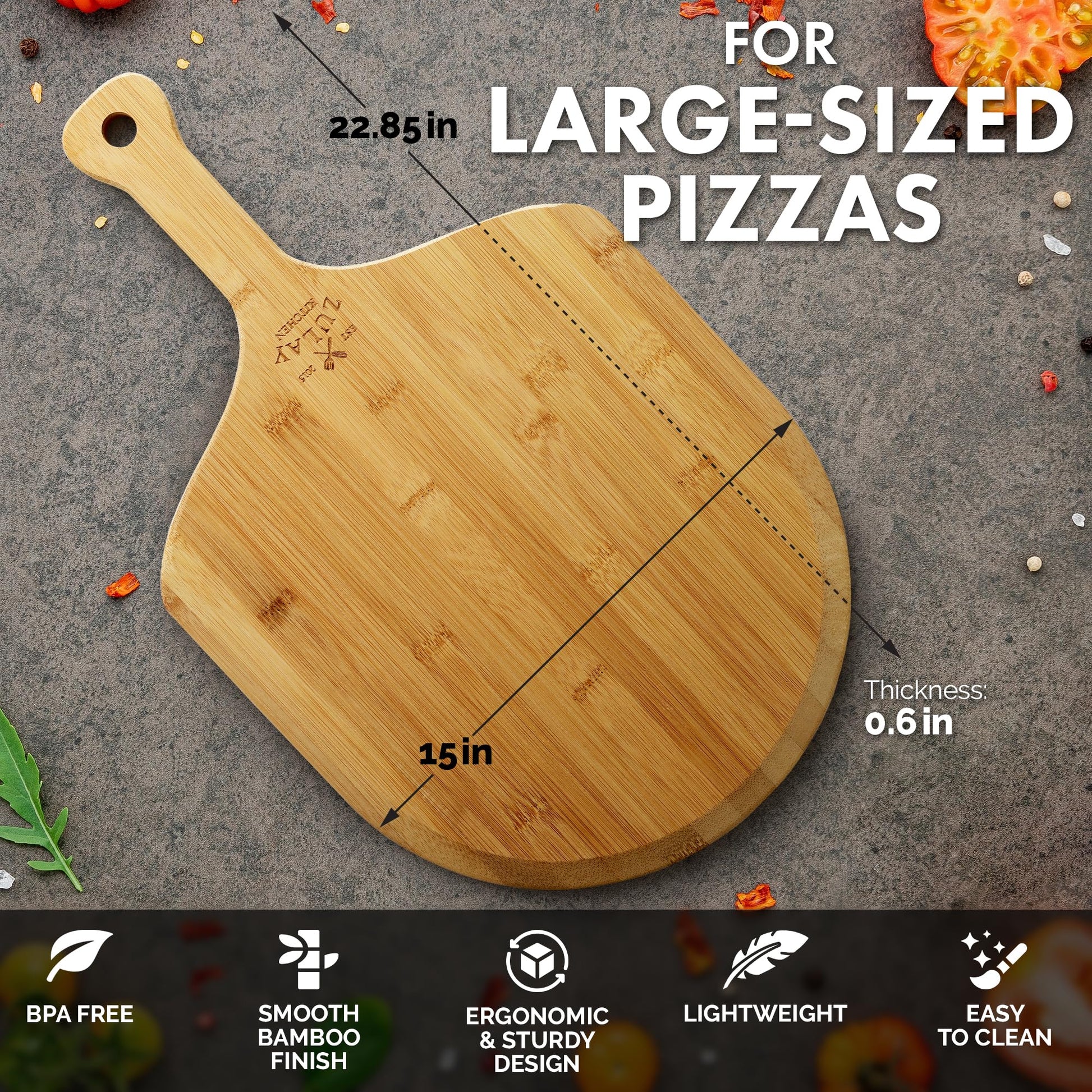 Zulay Kitchen Wooden Pizza Peel - Large 15" Pizza Paddle With Extra Long Handles - Authentic Natural Bamboo Easy Glide Edges & Handle For Baking - Large Wood Pizza Peel For Transferring & Ser - WoodArtSupply