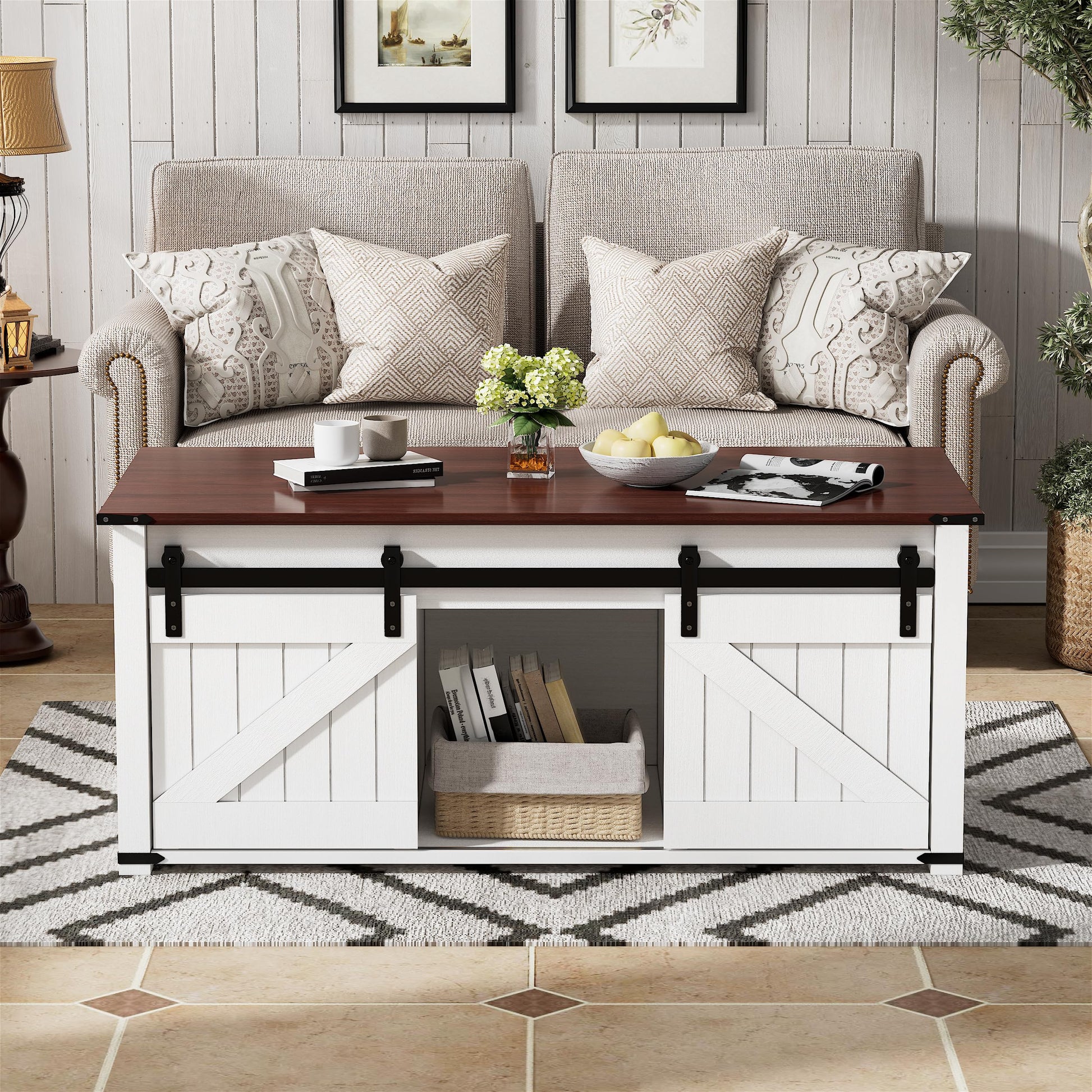 PAKASEPT Lift Top Coffee Table with Storage,Farmhouse Coffee Table with Sliding Groove Doors,Rustic Coffee Tables,Center Table for Living Room,White - WoodArtSupply