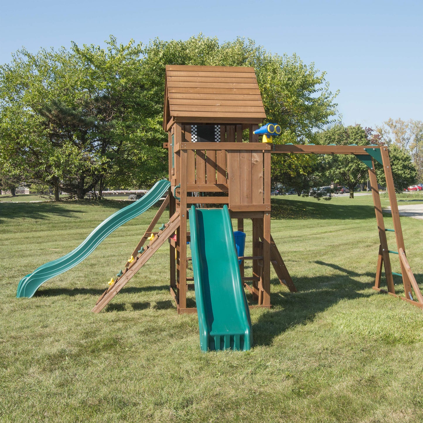 Swing-N-Slide WS 8354 Knightsbridge Super Wooden Swing Set with Two Slides, Play Set, Monkey Bars, Climbing Wall, Music Play & Climbing Wall, Wood, Green - WoodArtSupply