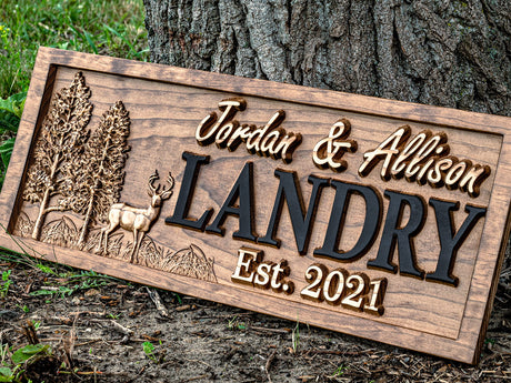 Outdoor Decor | Custom Wood Sign | Deer Hunting Gifts | Cabin Decor | Tree Wood Decor | 3D Family Name Sign | Last Name Decor | Camper Decor | 3D Woodworker