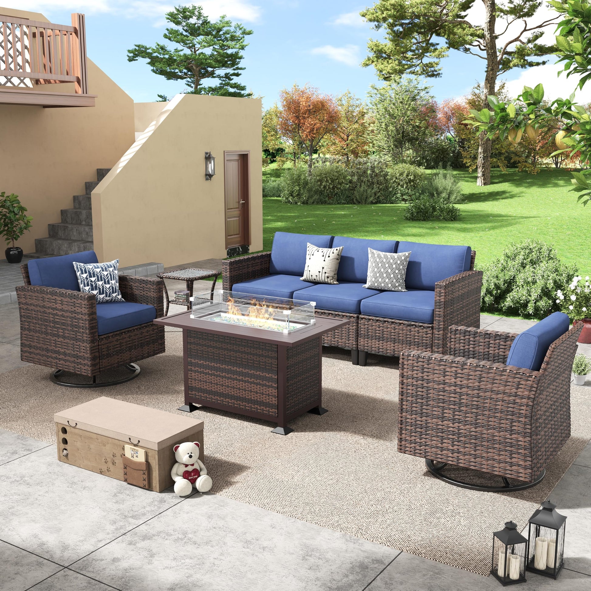 Amopatio Patio Furniture Set with Fire Pit Table, Outdoor Furniture Sectional Sofa with Swivel Chairs, Modern Conversation Sets for Balcony Backyard, Navy（Include Waterproof Covers ） - WoodArtSupply