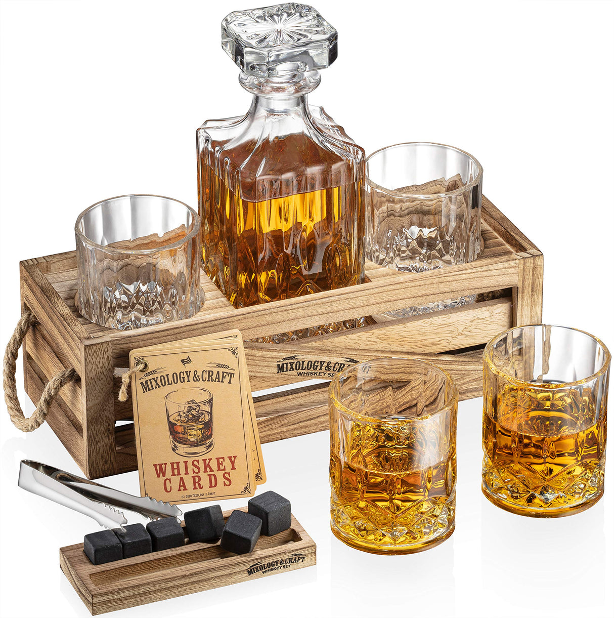 Mixology & Craft Whiskey Stones Set - Decanter, Whiskey Glasses & Wood Stand with 6 Granite Chilling Stones and 10oz Glasses - Whiskey Decanter Set for Men, Dad, Husband, Boyfriend Mixology & Craft