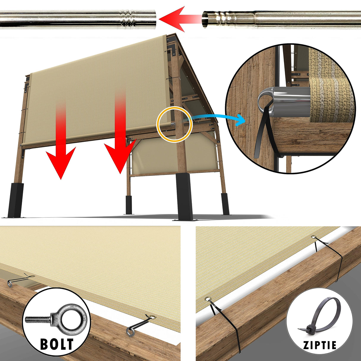 ShadeMart 8' W x 12' L Beige Pergola Shade Cover with Stainless Steel Weighted Rods and Grommets - Outdoor Patio Canopy Replacement - Commercial Grade 260 GSM Cloth (We Make Custom Size) ShadeMart