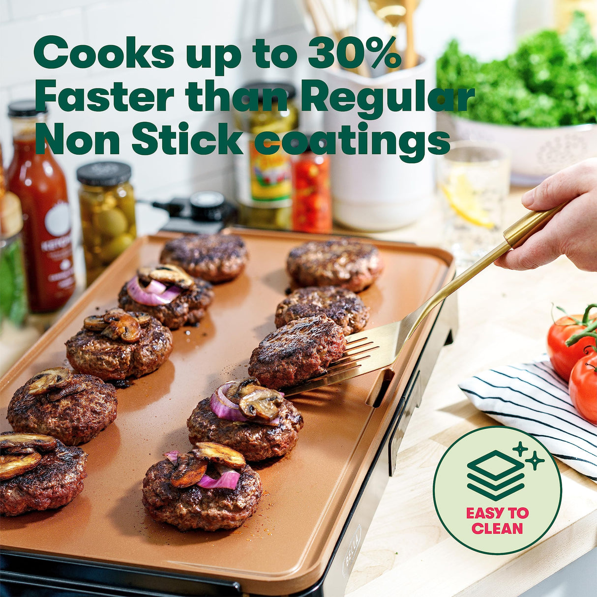 BELLA XL Electric Ceramic Titanium Griddle, Make 15 Eggs At Once, Healthy-Eco Non-stick Coating, Hassle-Free Clean Up, Large Submersible Cooking Surface, 12" x 22", Copper/Black BELLA