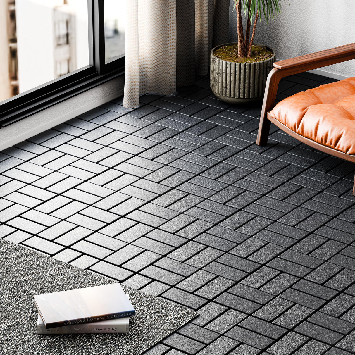 IDZO Plastic Interlocking Deck Tiles - 9PCS Waterproof Outdoor Flooring, All Weather Use Patio Tiles, Decking Checker Pattern, 12 x 12 x 0.7 Inches, Dark Grey IDZO