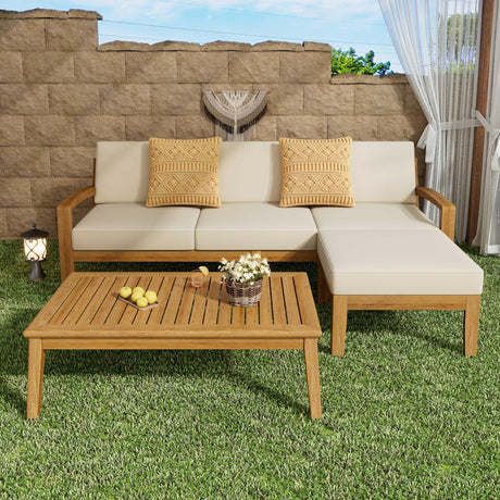 3 Pieces Acacia Wood Sectional Patio Sofa with Coffee Table, L Shape Sectional Couch with All-Weather Cushion, Conversation Set with Rectangular Table for Indoor Outdoor, Easy Assembly, Teak Finish JYH