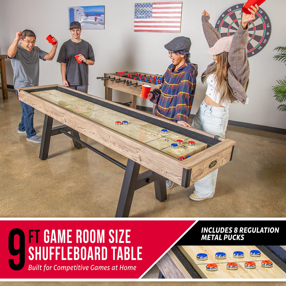 GoSports Premium 9 ft Shuffleboard Table with 8 Pucks, Shuffleboard Wax, and Brush GoSports