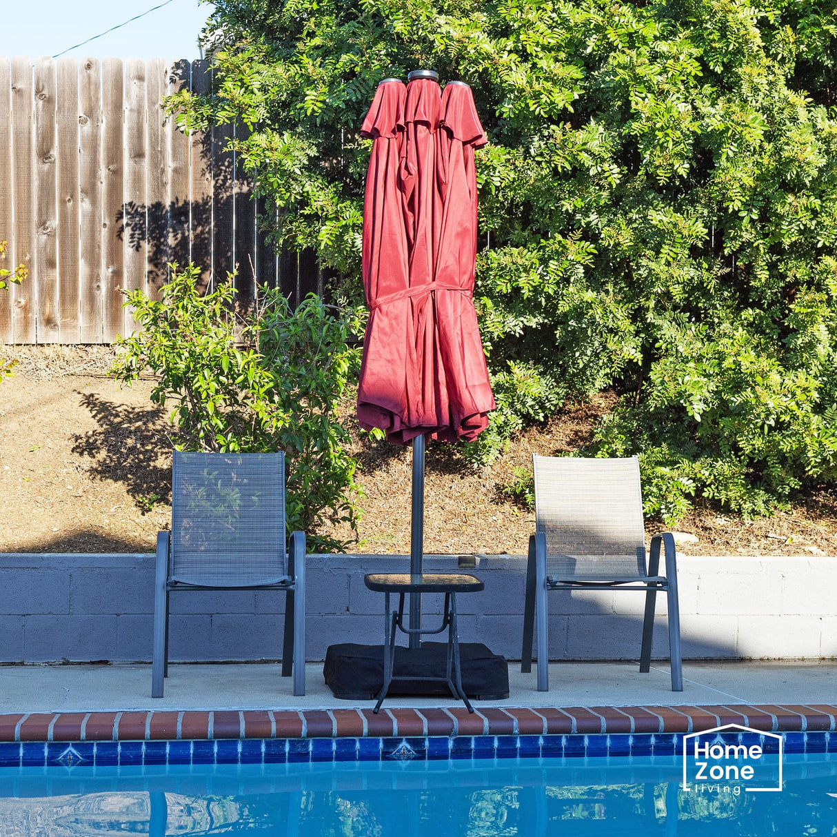Home Zone Living 15x9 Ft Double Head Patio Umbrella with Base, 36 LED Lights, Sand Bags, UV Resistant & Waterproof, 213 LBS Total Weight, Burgundy Red Home Zone Living