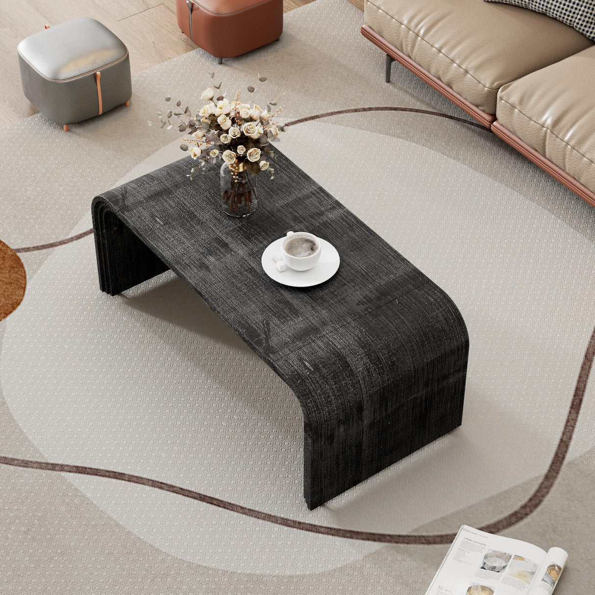 Bellemave Modern Coffee Table with Curved Art Deco Design Center Sofa Table Minimalist Cocktail Wooden Table for Living Room, Antique Black Bellemave
