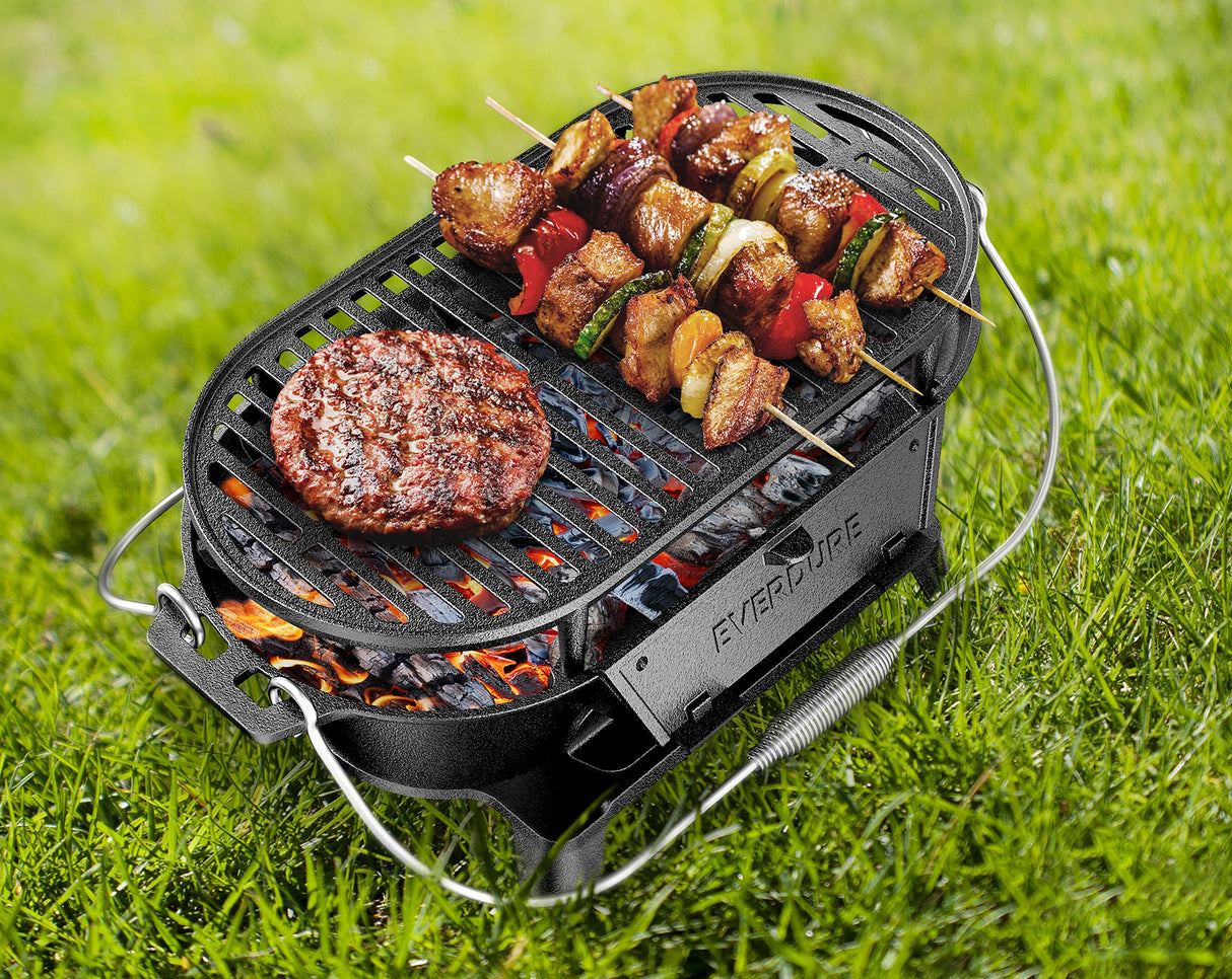 Everdure Oval Cast Iron Grill & Cover – Outdoor, Portable Charcoal Grill and Tabletop Cast Iron Skillet - 100% Cast Iron, Enameled, Durable, Small Charcoal Grill, Camping Stove, Hibachi Grill Everdure