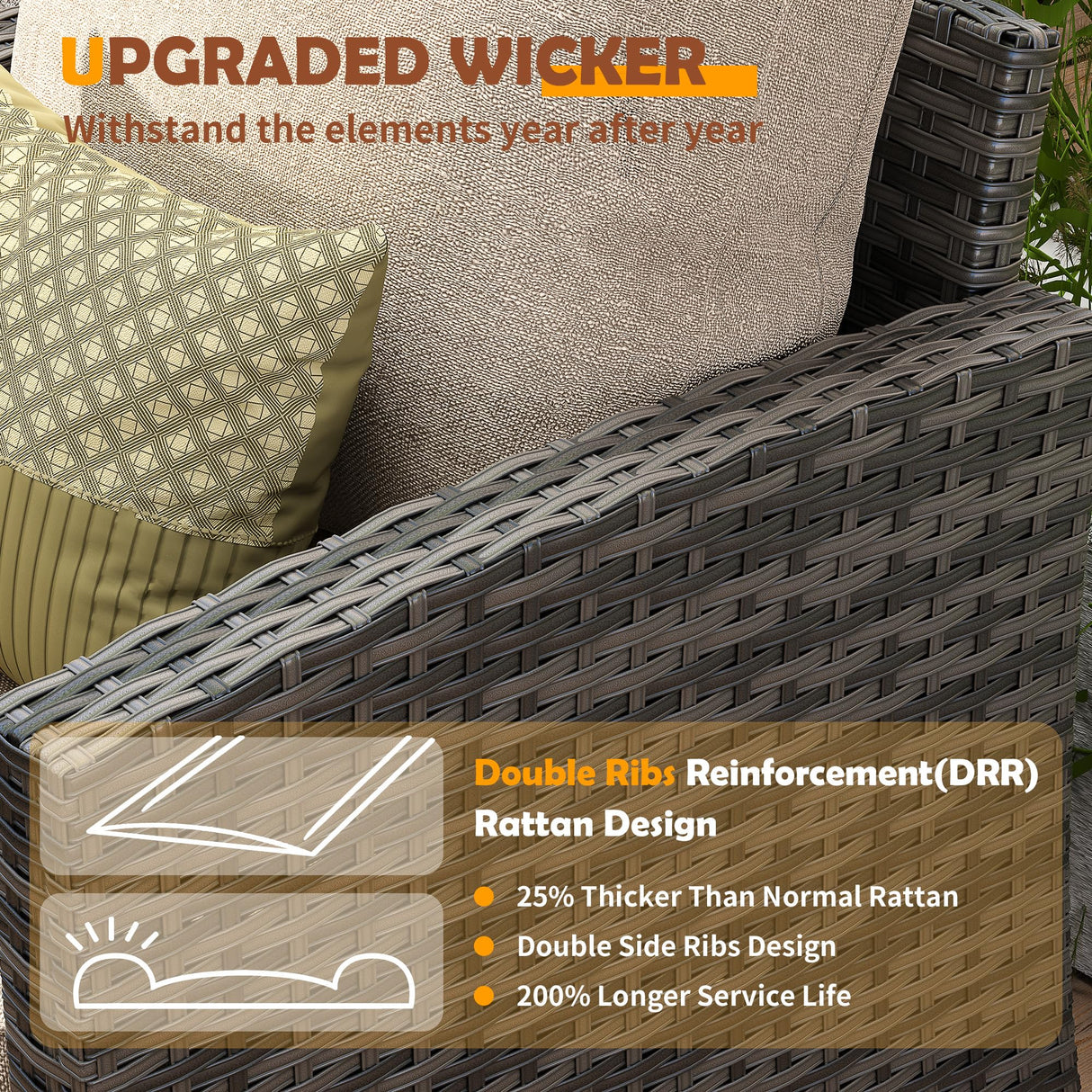 UDPATIO Patio Furniture Set with 44" Fire Pit Table, 6 Pieces Outdoor Sectional Conversation Sets, All-Weather Wicker Rattan Sofa Ottoman with 4" Thick Cushion for Garden Backyard Deck, Khaki UDPATIO