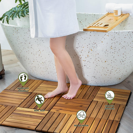 VICTORY RELAX Acacia Wood Flooring Interlocking Deck Tiles for Patio Decor 9 Pcs 6 Slats VR Natural - Waterproof Indoor & Outdoor Decor - Balcony Garden Decking Tile (12.24 * 12.24 * 0.75 inches) VICTORY RELAX