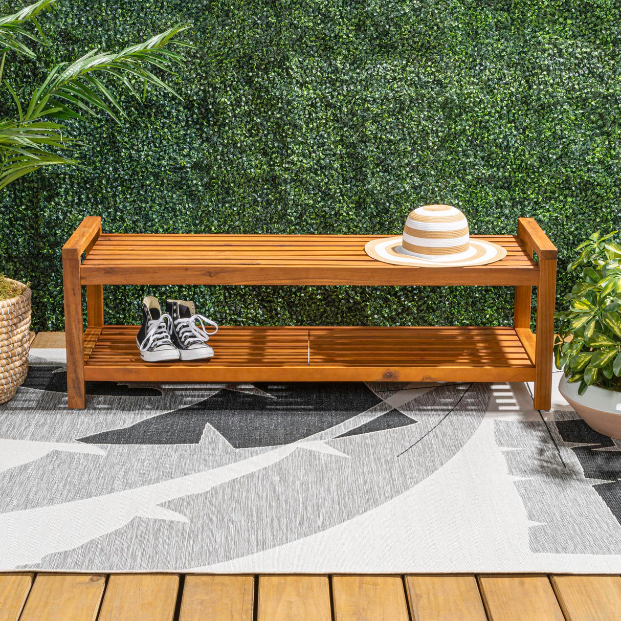 JONATHAN Y BNH102A Blane 50.8" 3-Seat Mid-Century Modern 600-Lbs Support Acacia Wood Slat Outdoor Garden Patio Bench for Garden, Lawn, Backyard, Pool, Deck, Beach, Firepit, Teak JONATHAN Y