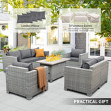 WAROOM Patio Furniture Set 5 Piece Grey Wicker Outdoor Furniture with Fire Pit Table, Patio Sectional Sofa Couch Sets Backyard Deep Seating PE Rattan Chairs, Grey Cushion WAROOM