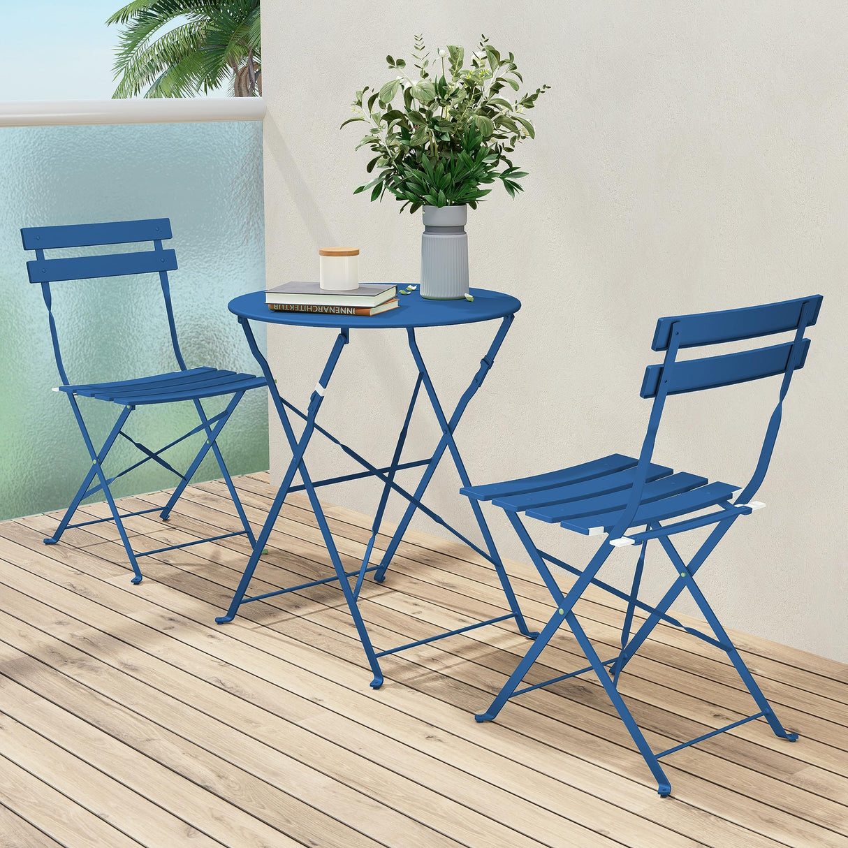 Grand Patio Premium Frame Patio Bistro Set, Folding Outdoor Patio Furniture Sets, 3 Piece Patio Set of Folding Patio Table and Chairs, Peacock Blue Grand patio