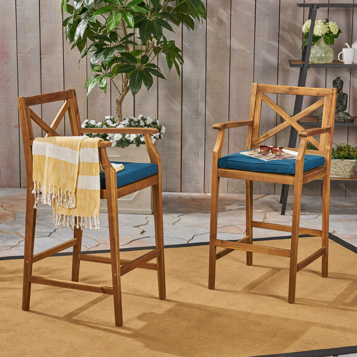 Christopher Knight Home Logan Outdoor Acacia Wood Barstool, Teak Finish/Blue Christopher Knight Home