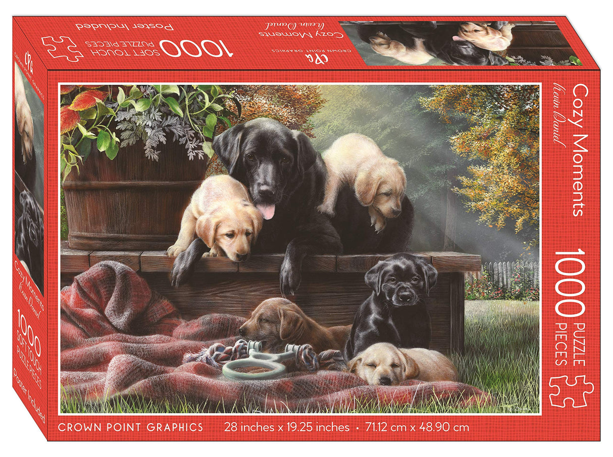 Crown Point Graphics Cozy Moments - 1000 Piece Jigsaw Puzzle - Artist Kevin Daniel - Soft Touch Design - Black Labrador Dog Puzzle with Yellow, Black and Chocolate Lab Puppies Crown Point Graphics