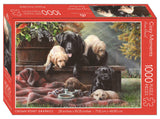 Crown Point Graphics Cozy Moments - 1000 Piece Jigsaw Puzzle - Artist Kevin Daniel - Soft Touch Design - Black Labrador Dog Puzzle with Yellow, Black and Chocolate Lab Puppies Crown Point Graphics