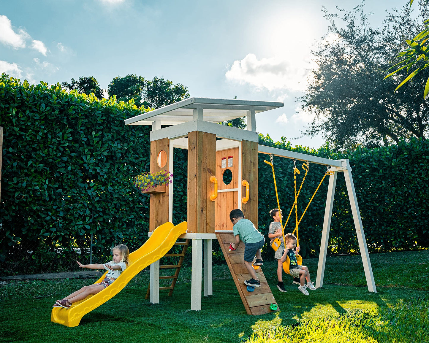 Avenlur Modern Outdoor Backyard Swing Set Children's Rock Climbing Wood Playground Playset 2 Belt Swings, Clubhouse Fort, Windows, Ladder, Wavy Slide Toddlers, Kids Climbers Play Adventure Ro - WoodArtSupply