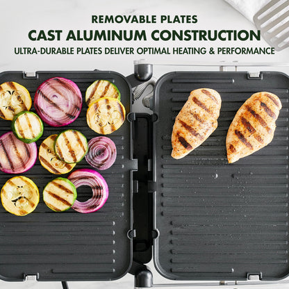 GreenPan Electric Indoor Stainless Steel 6-in-1 Contact Grill and Griddle, Healthy Ceramic Nonstick, Dishwasher Safe Reversible Plates, PFAS-Free