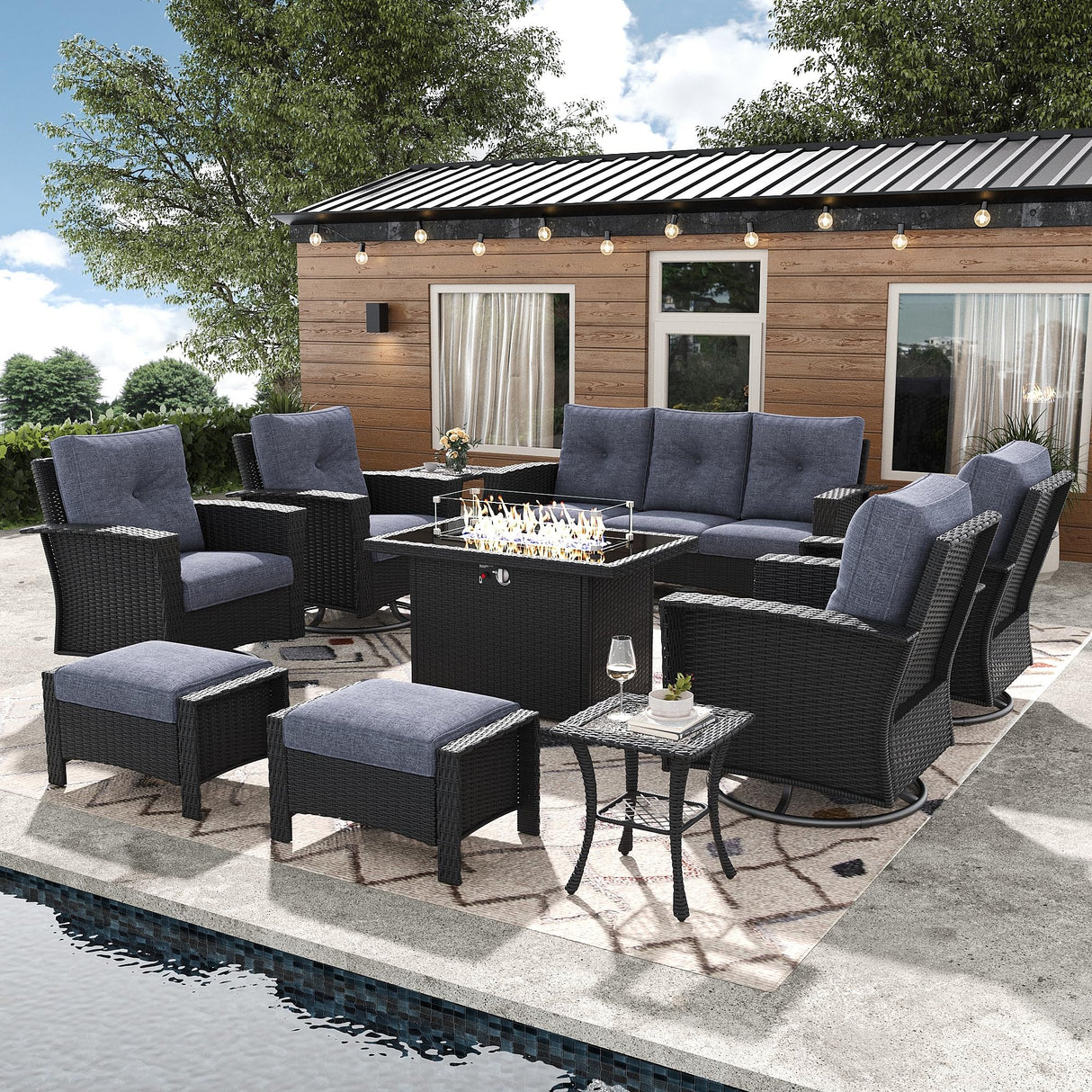 FUARTIO 10 Pieces Outdoor Patio Furniture Set with Fire Pit Table, Wicker Patio Sectional Set Conversation Wicker Swivel Chairs with Small Side Table FUARTIO