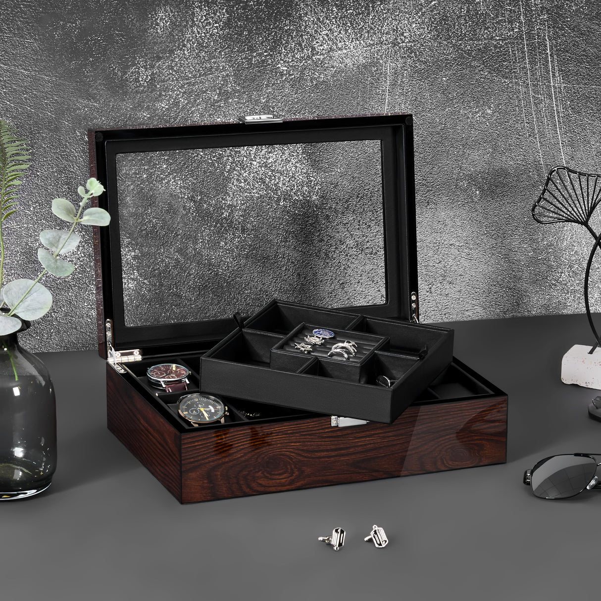 BEWISHOME Jewelry Box for Men, Mens Jewelry Box with Glass Top, Wooden Watch Box Organizer with Smooth Faux Leather Interior, Jewelry Display Case for Earrings Rings Bracelets Watches, Brown SSH07Y BEWISHOME