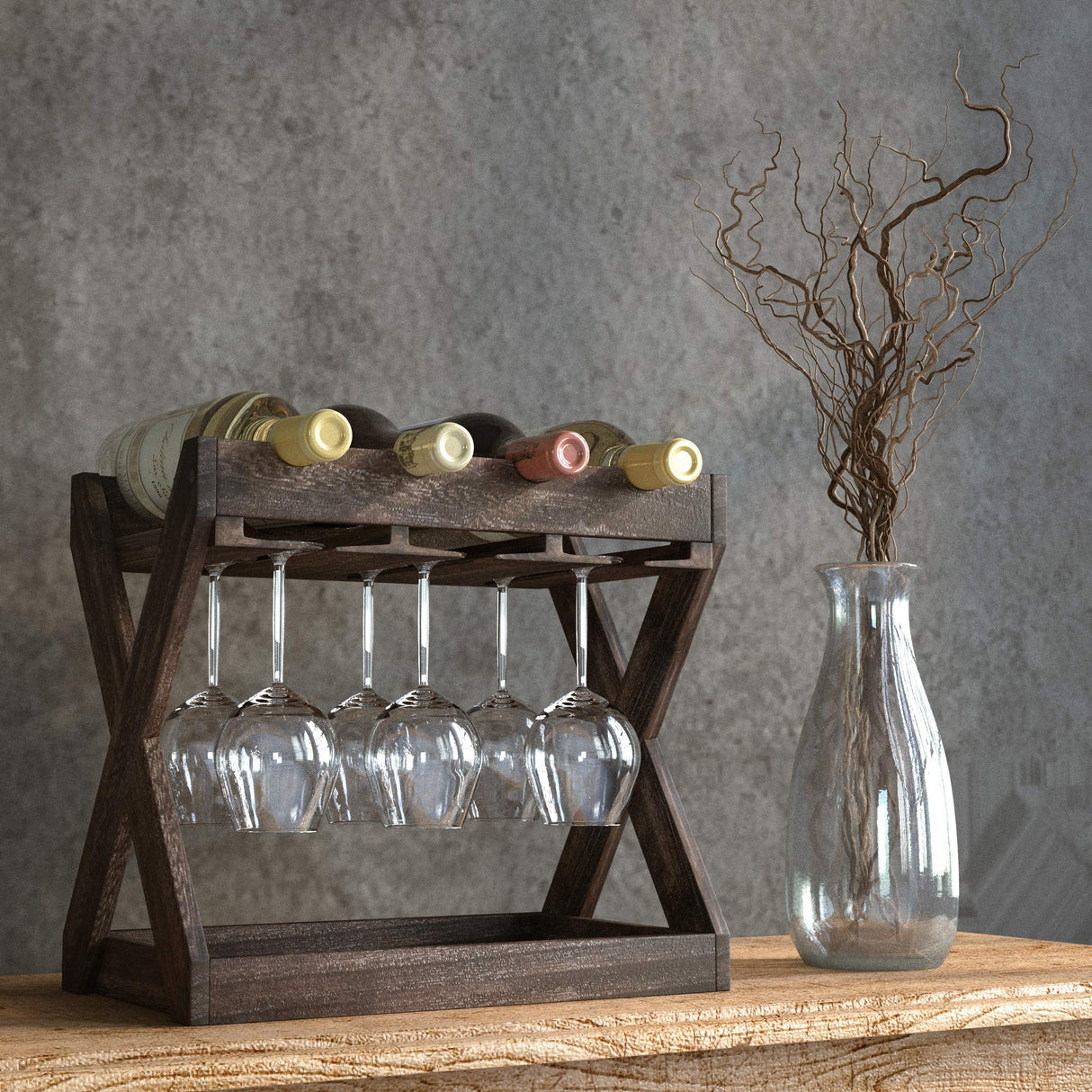 Rustic State Cava Countertop Solid Wood Wine Rack for 4 Bottles and 6 Stemware Glass Holder Cork Storage Tabletop Tray Freestanding Organizer - Home, Kitchen, Dining Room Bar Décor - Walnut Rustic State
