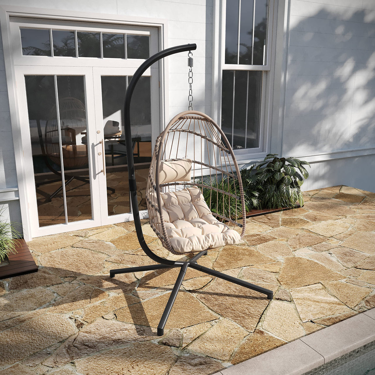 Taylor & Logan Corbin Natural Patio Hanging Wicker Egg Chair with Cream Plush Seat Cushions & Swing Stand for Indoor/Outdoor Use Taylor & Logan