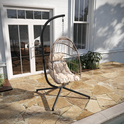 Taylor & Logan Corbin Natural Patio Hanging Wicker Egg Chair with Cream Plush Seat Cushions & Swing Stand for Indoor/Outdoor Use - WoodArtSupply