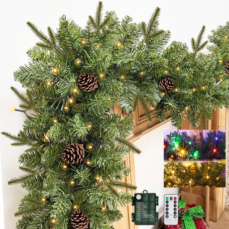 Remote Control &Timer & 8 Modes - 9 Ft by 12 Inch Prelit Christmas Garland Decoration 50 Warm White & Colorful Change Lights Norfolk Pine Branch Pinecones, Artificial Xmas Garland Mantle Home Indoor TURNMEON