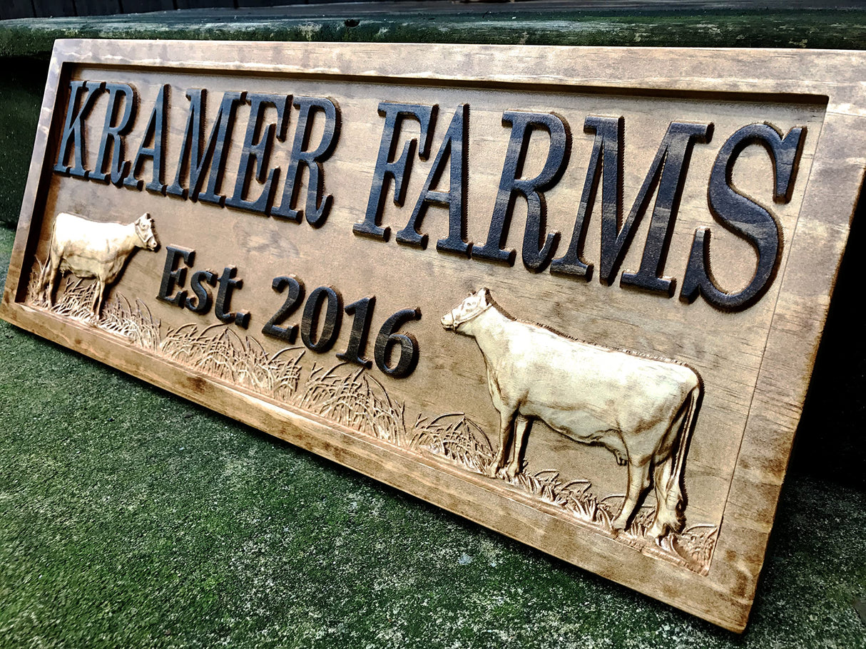 Personalized Farm Sign | Custom Farmhouse Decor | Wooden Farmer Gift | Wood Wall Family Name Sign | Established Cow Sign | Carved Farmhouse Sign | Cattle Decor | Outdoor Farm Sign 3D Woodworker